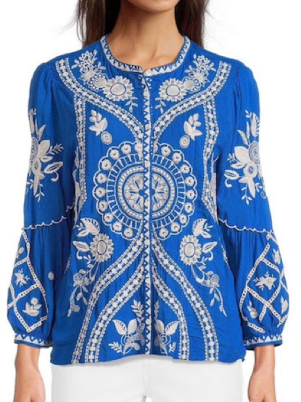 Johnny Was Royal Blue Embroidered Blouse, S ( BROKEN INSIDE SIZE TAG) NWT.